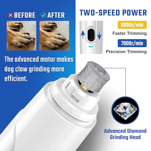 Bonve Pet Nail Grinder for Dogs - Upgraded Dog Nail Trimmers Super Quiet, 2 Speeds, Rechargeable