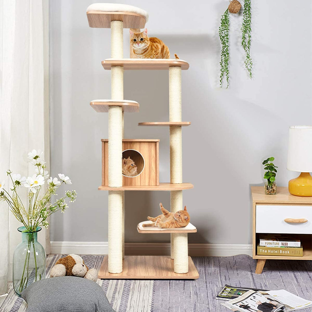 Tangkula Tall Cat Tree, 69-Inch Modern Cat Tower with Sisal Rope Scratching Posts, Wood Cat Tree with Multi-Layer Platform, Cat Condo Furniture with Washable Cushions for Indoor Cats Large Adult