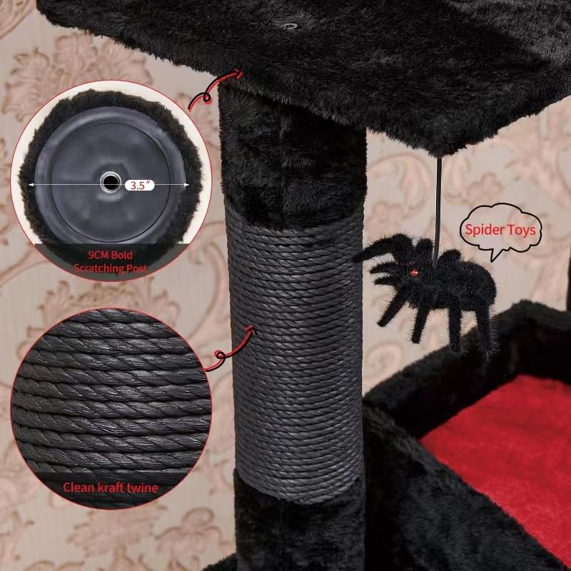 YARUOMY Gothic Cat Tree with Coffin Bed，55" Cat Tower with Spacious Cat Condo，Scratching Posts，Spider Hanging Ball，Multi-Level Cat Activities Furniture for Large Cats, Black Halloween