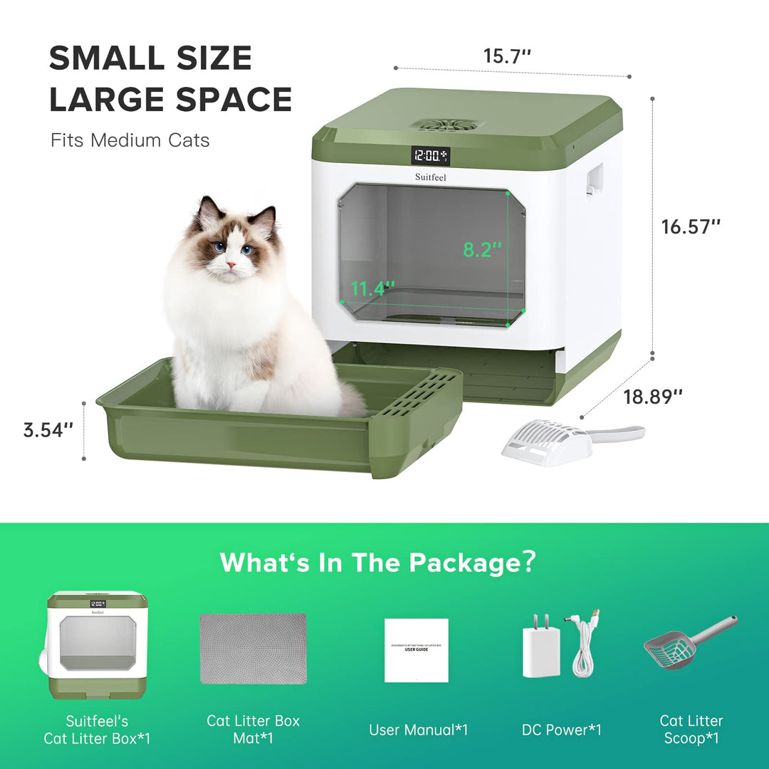 Smart Odor Removal Cat Litter Box, Large Litter Box with Deodorizing Device for Multiple Cats,Non Leaking Kitty Litter Box, Enclosed Odor Control Cat Box with Scoop&Mat