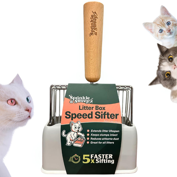 Sprinkle & Sweep Cat Litter Scoop - Heavy Duty Litter Scooper & Speed Sifter with Comfortable Beech Wood Grip - Metal Cat Litter Scoop, Washable Convenient Stand for Easy and Efficient Cleaning