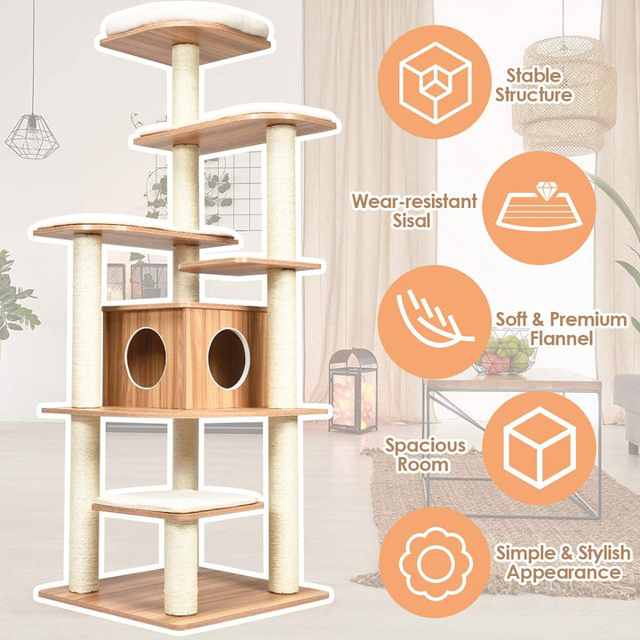 Tangkula Tall Cat Tree, 69-Inch Modern Cat Tower with Sisal Rope Scratching Posts, Wood Cat Tree with Multi-Layer Platform, Cat Condo Furniture with Washable Cushions for Indoor Cats Large Adult