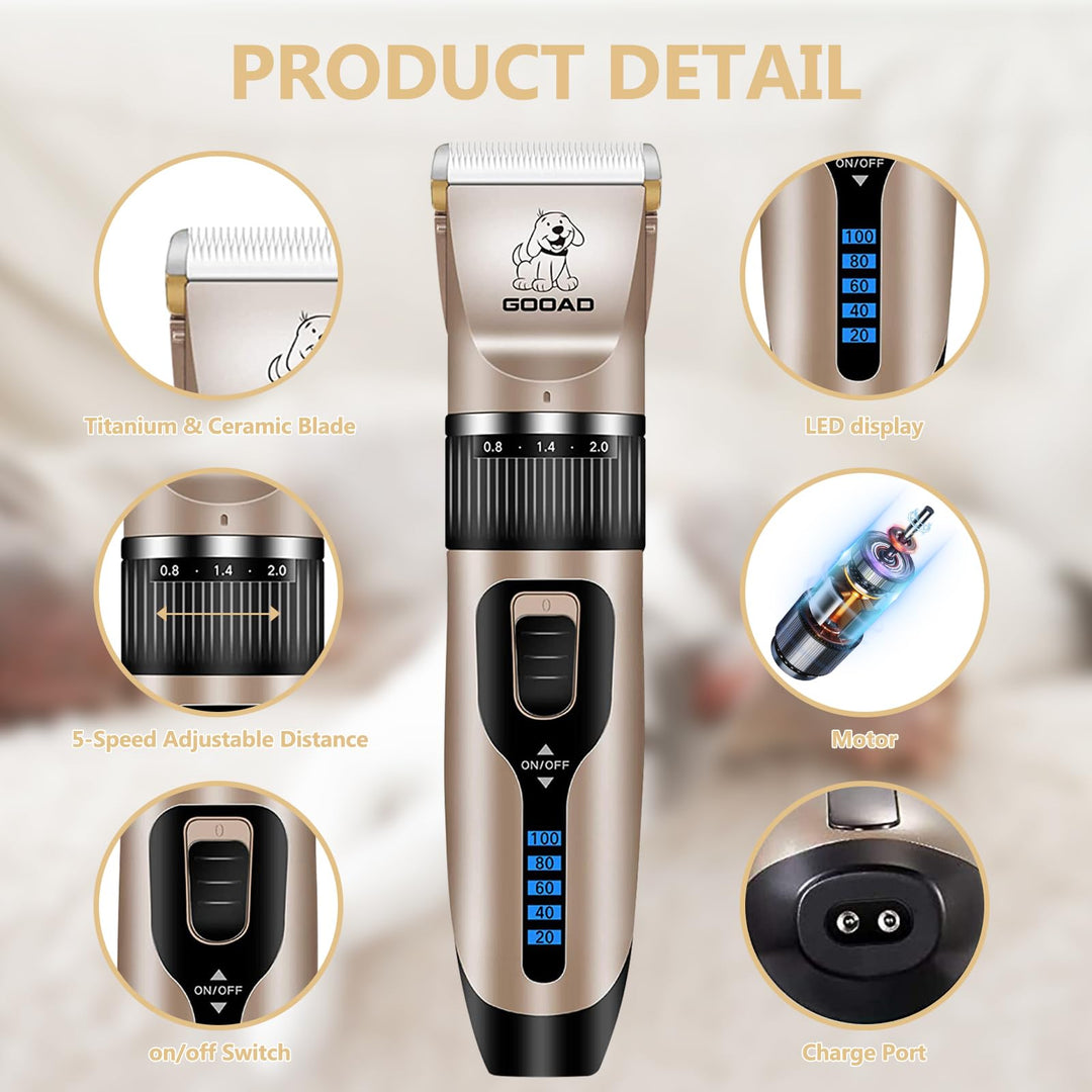 Gooad Dog Clippers Grooming Kit Hair Clipper -4 in 1Low Noise -Rechargeable-Cordless Quiet Paw Trimmer Nail