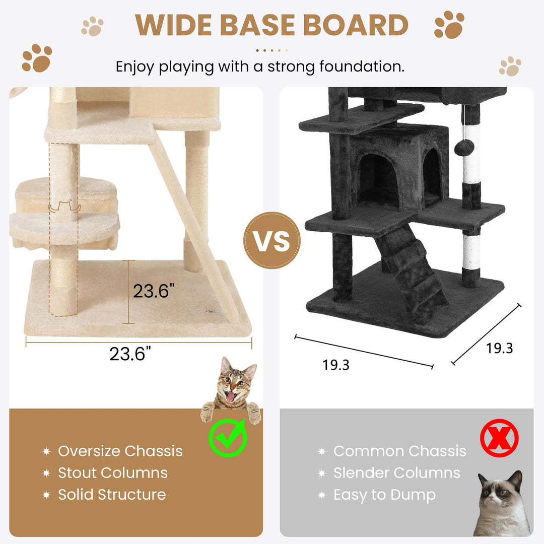 SHA CERLIN 65in Larger Cat Tree Tower Condo for Indoor Cats, Multi-Level Furniture Activity Center with Wide Base/Cozy Plush Cat Perches/Baskets/Sisal Scratching Posts and Hammock/Beige
