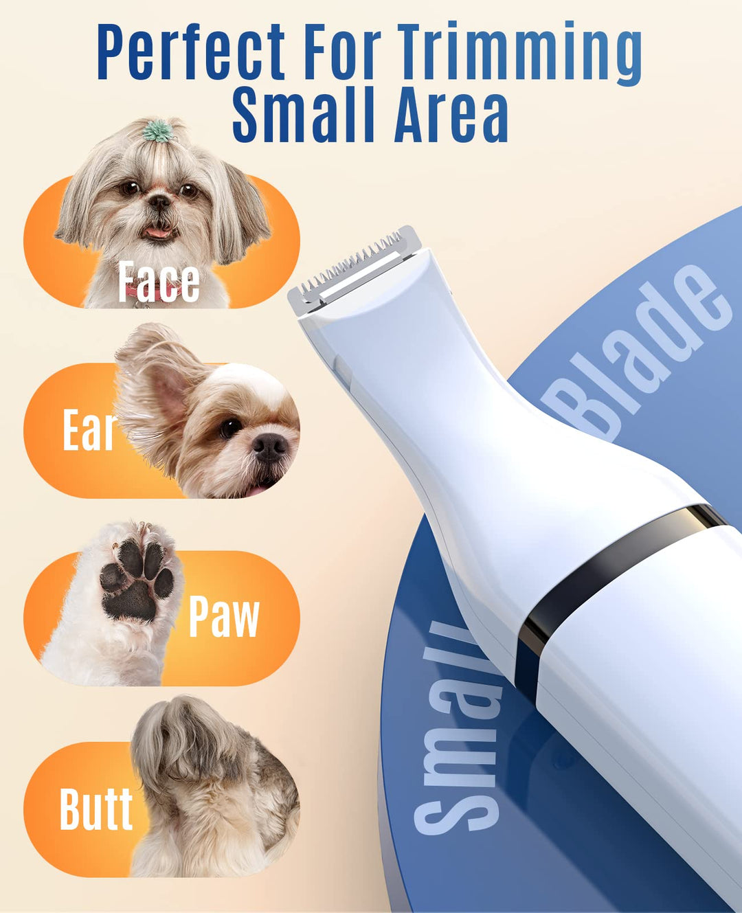 oneisall Dog Clippers with Double Blades,Cordless Small Pet Hair Grooming Trimmer,Low Noise for Trimming Dog's Hair Around Paws, Eyes, Ears, Face, Rump (White)