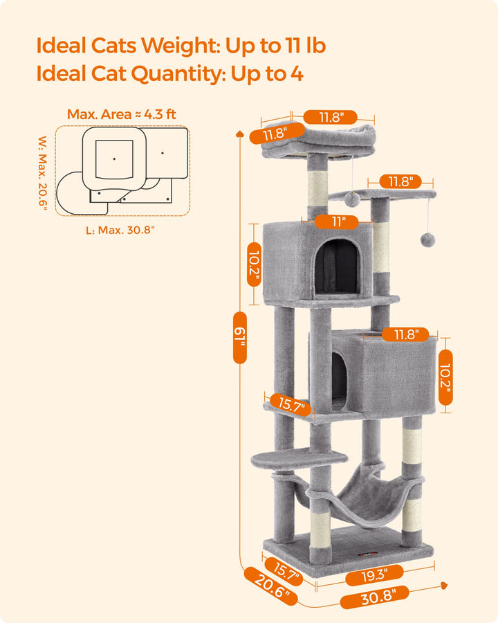 Feandrea Cat Tree, 61-Inch Cat Tower for Indoor Cats, Plush Multi-Level Cat Condo with 5 Scratching Posts, 2 Perches, 2 Caves, Hammock, 2 Pompoms, Light Gray UPCT192W01