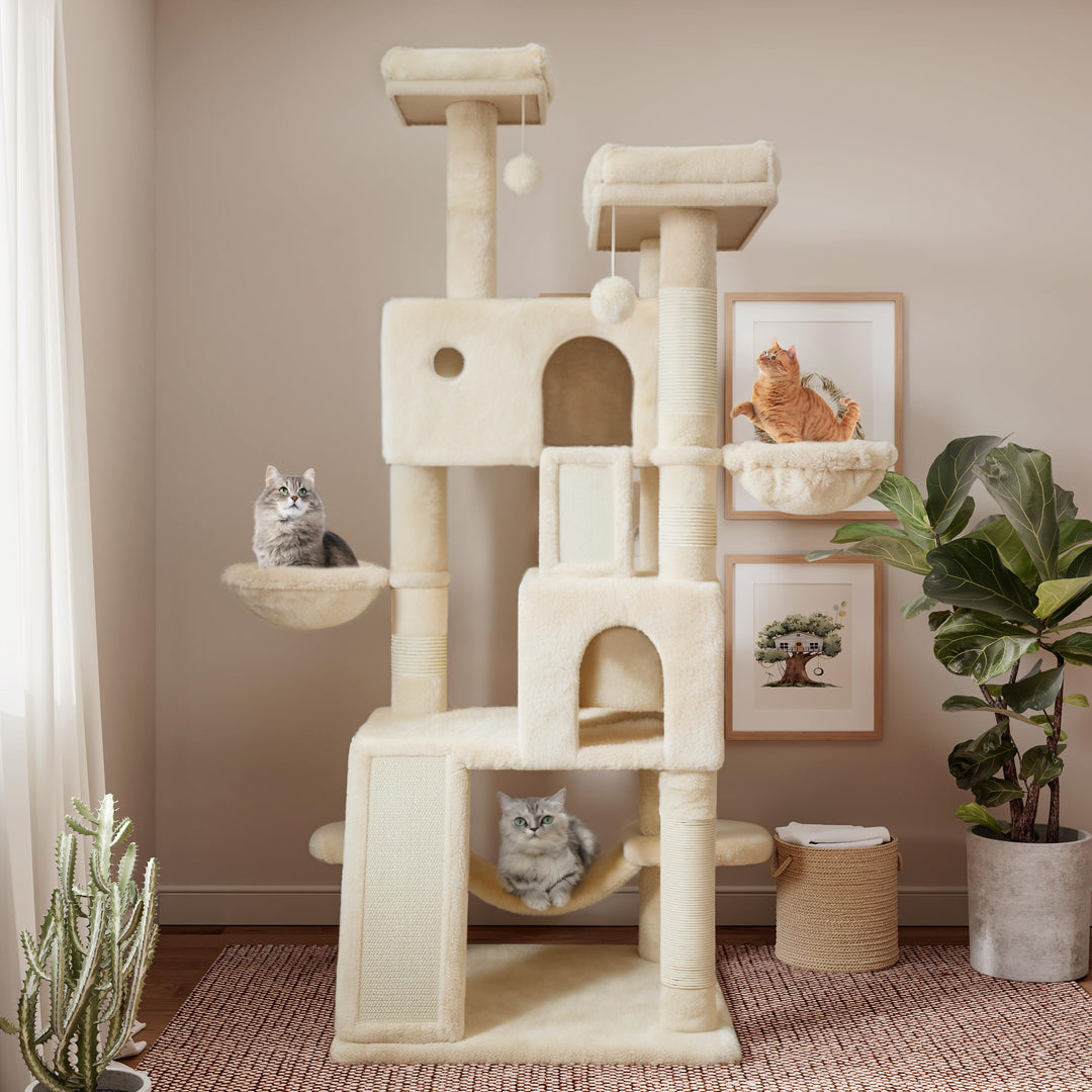 SHA CERLIN 65in Larger Cat Tree Tower Condo for Indoor Cats, Multi-Level Furniture Activity Center with Wide Base/Cozy Plush Cat Perches/Baskets/Sisal Scratching Posts and Hammock/Beige