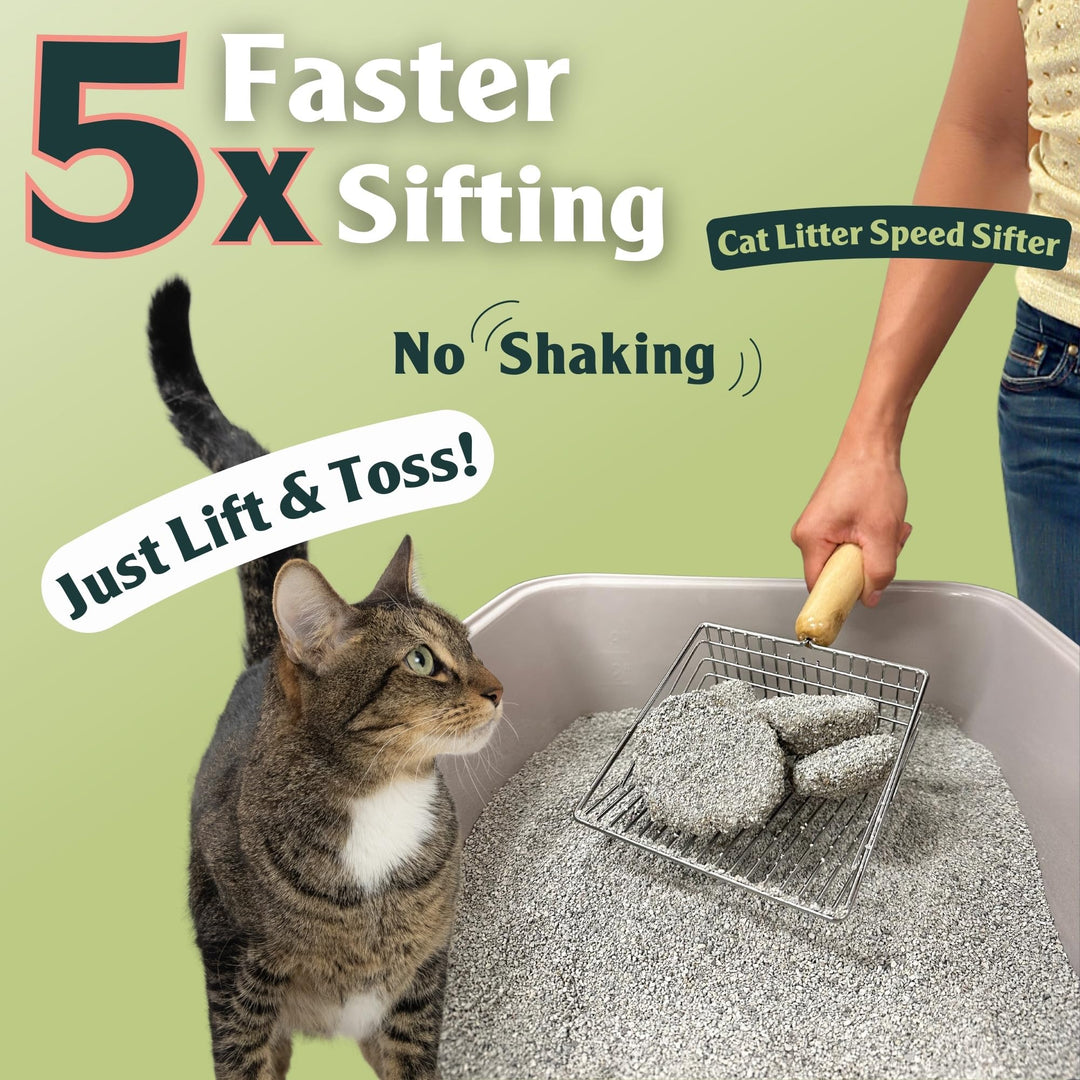 Sprinkle & Sweep Cat Litter Scoop - Heavy Duty Litter Scooper & Speed Sifter with Comfortable Beech Wood Grip - Metal Cat Litter Scoop, Washable Convenient Stand for Easy and Efficient Cleaning