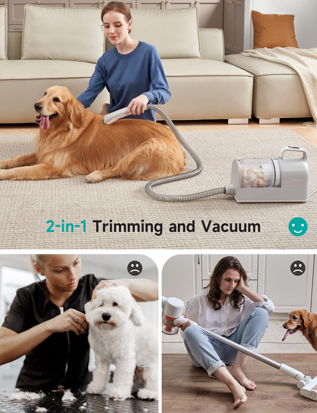 HiCOZY S1+ Dog Grooming Kits, Minimum 50dB Pet Friendly Vacuum Machine, 12Kpa/120V Pet Grooming Vacuum
