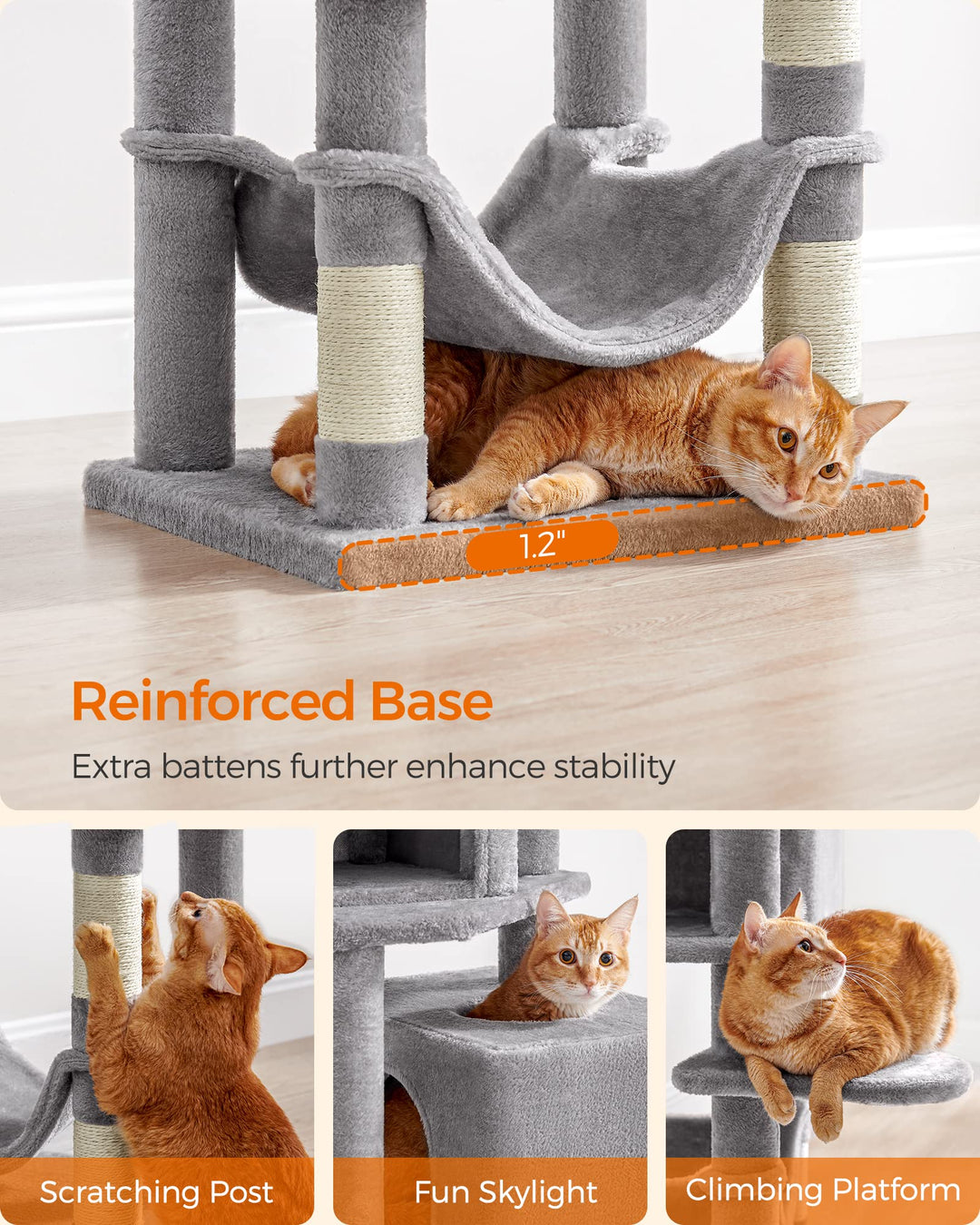 Feandrea Cat Tree, 61-Inch Cat Tower for Indoor Cats, Plush Multi-Level Cat Condo with 5 Scratching Posts, 2 Perches, 2 Caves, Hammock, 2 Pompoms, Light Gray UPCT192W01